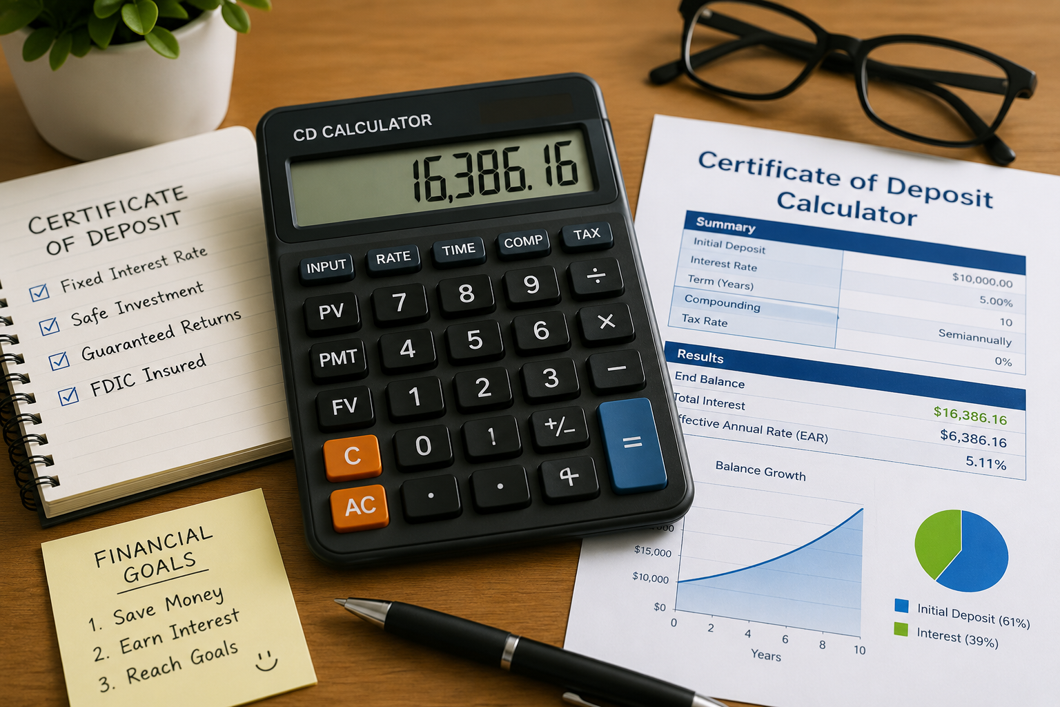 CD Calculator for calculating Certificate of Deposit interest and savings growth